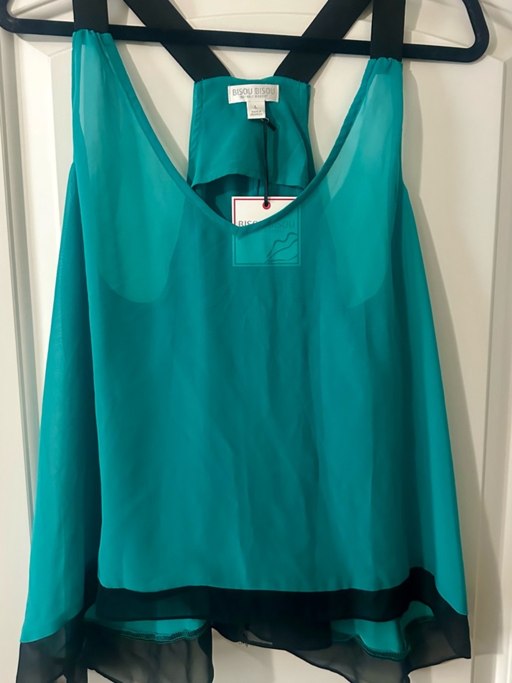 Bisou Bisou Teal Chiffon Racerback Tank with Black Trim